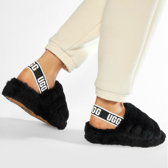 UGG Shoes - UGG Fluff Yeah Black Sheepskin Slingback Platform Slide Slippers – Size 9
